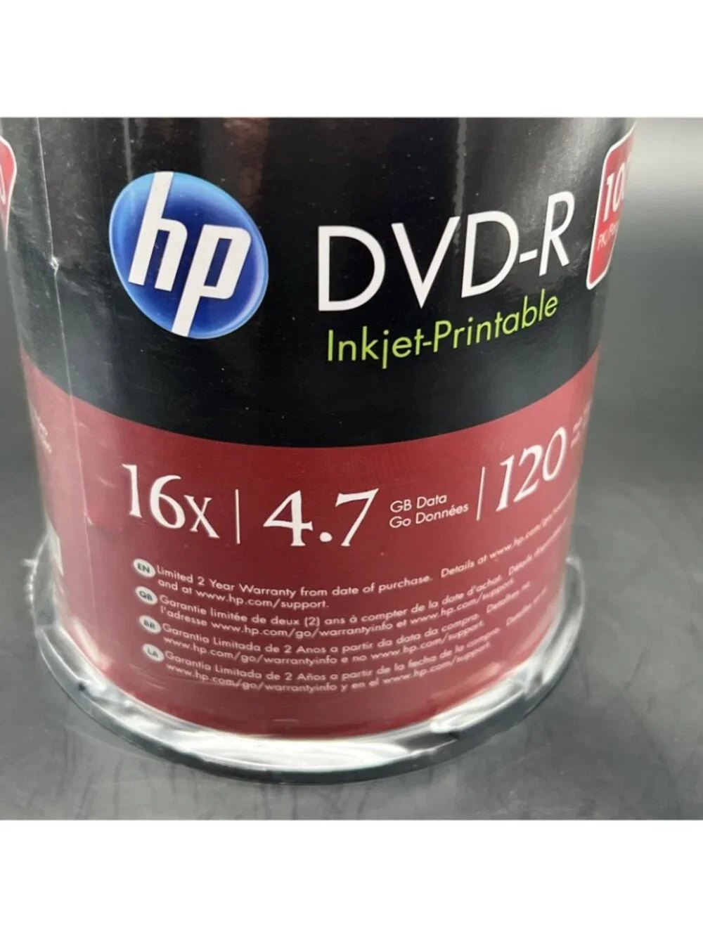 100 HP DVD-R DVD 16X Blank 4.7GB White Inkjet Printable Disc Spindle Cake Box